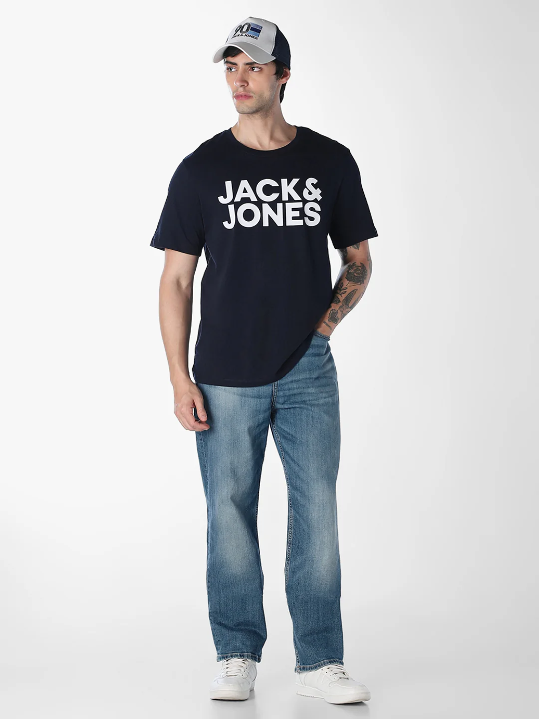 Men's Navy Blue Organic Cotton Slim Fit Logo Print Crew Neck T-Shirt - Image 6