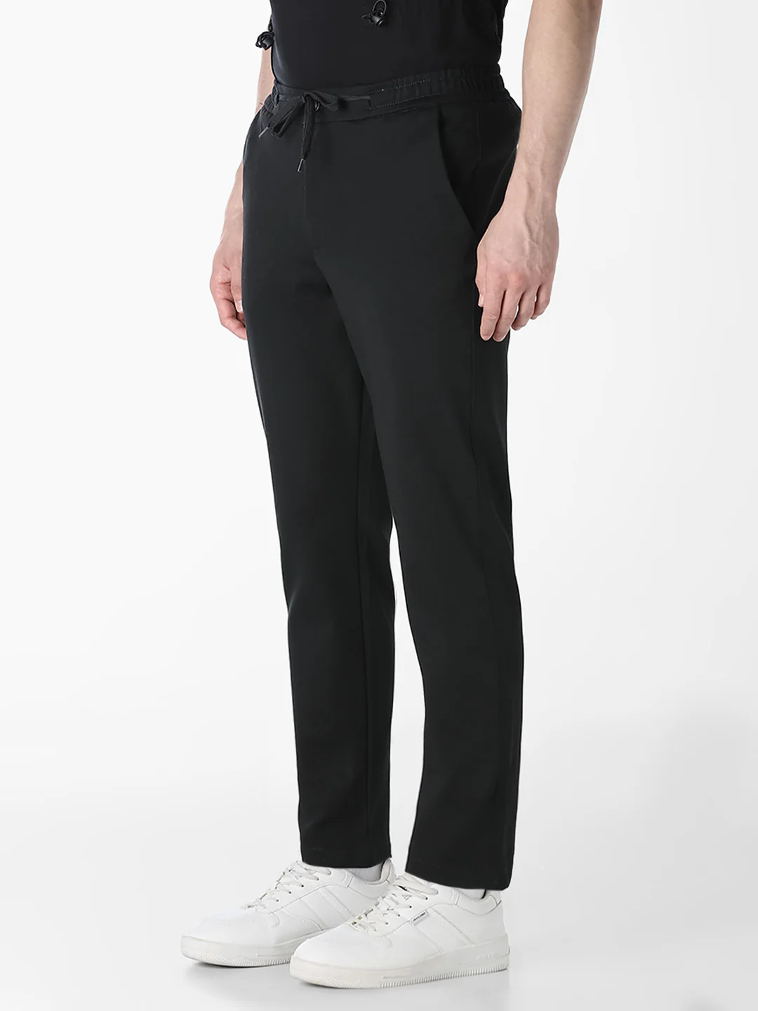 Men's Black Cotton-Blend Regular Fit Chino Joggers With Drawstring - Image 2
