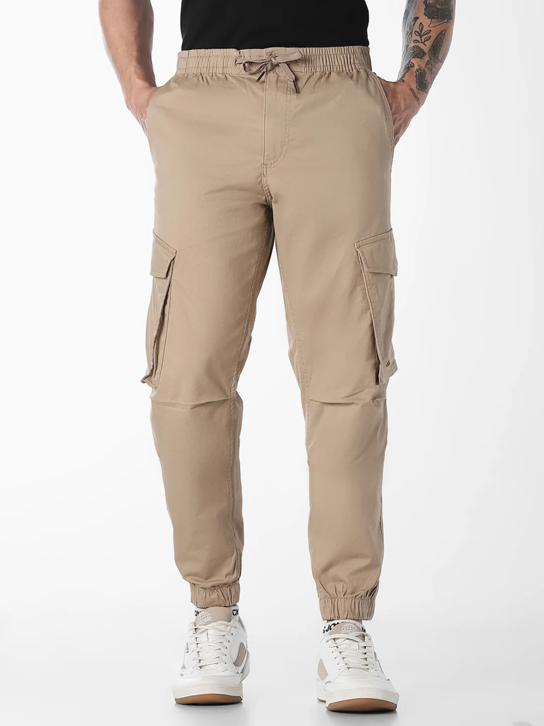 Men's Beige Slim Fit Cargos With Drawstring Waist