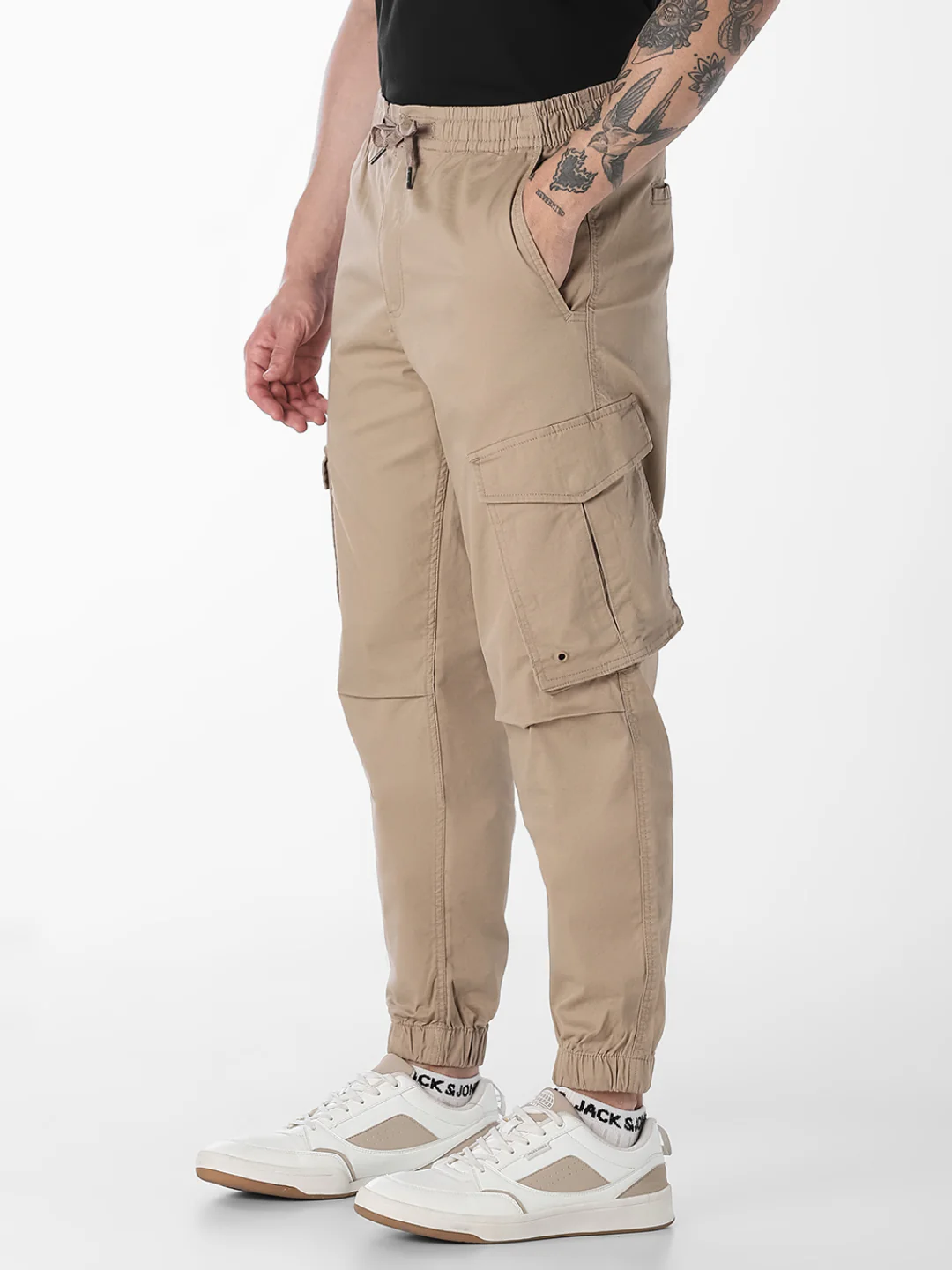 Men's Beige Slim Fit Cargos With Drawstring Waist - Image 2