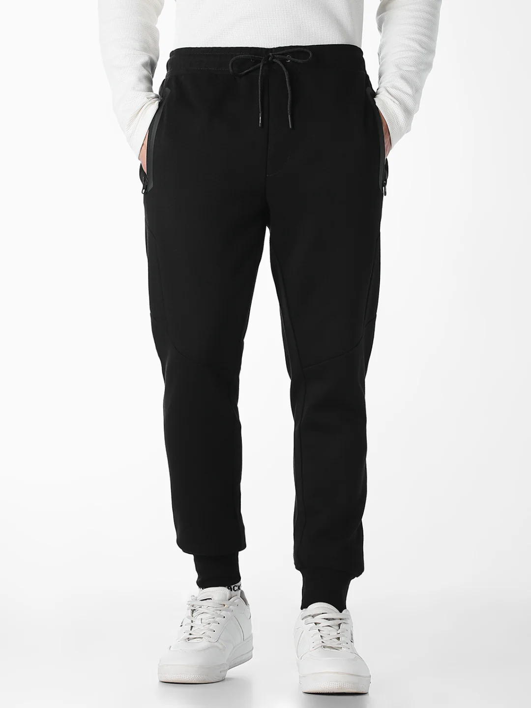 Men's Black Slim Fit Knit Joggers With Drawstring & Zip Pockets