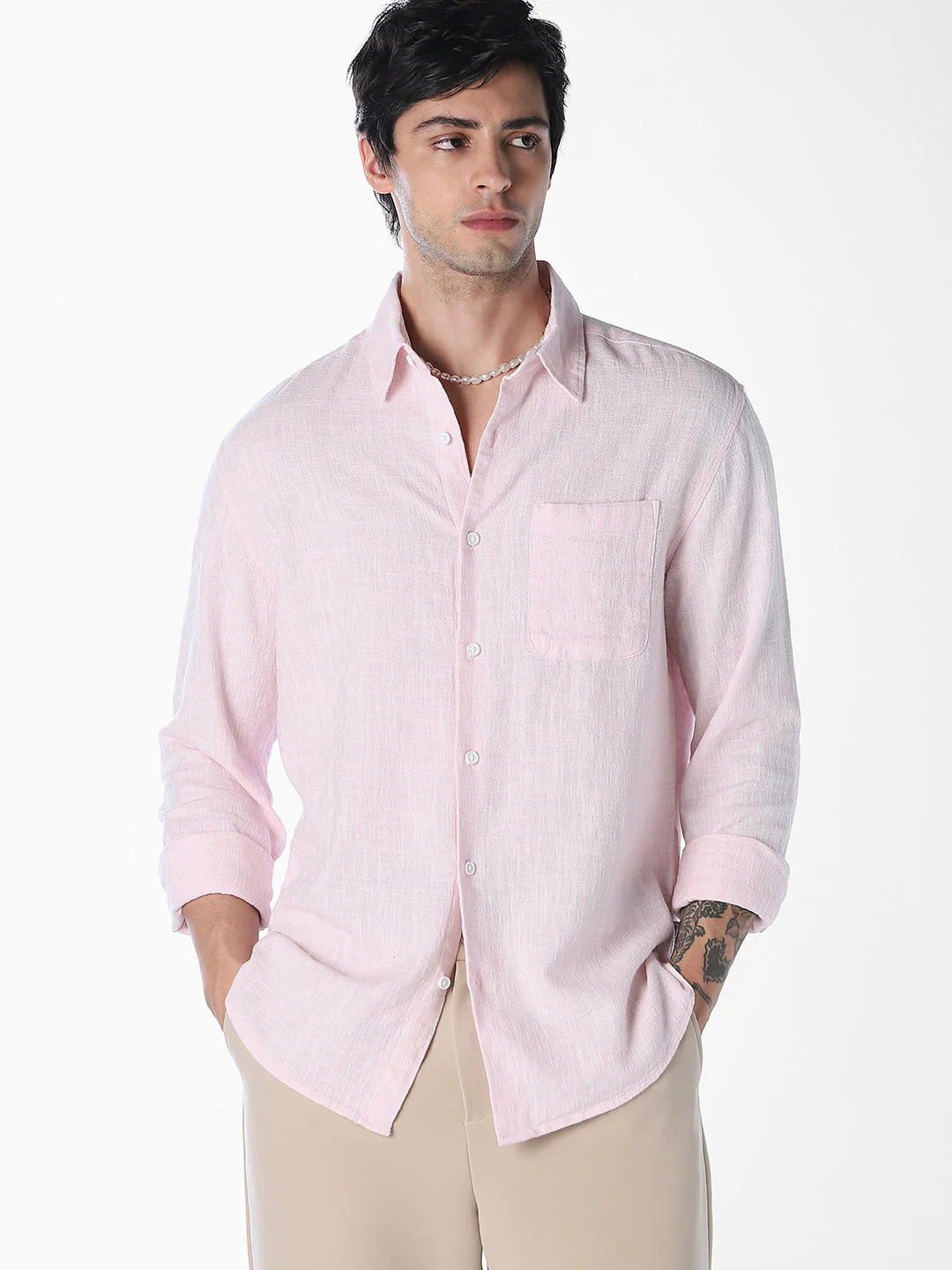 Textured Weave Full Sleeves Shirt - Light Pink