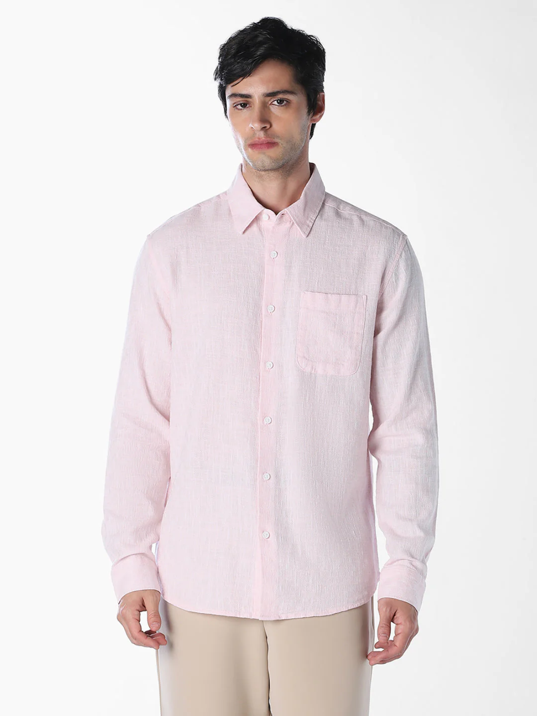 Textured Weave Full Sleeves Shirt - Light Pink - Image 2