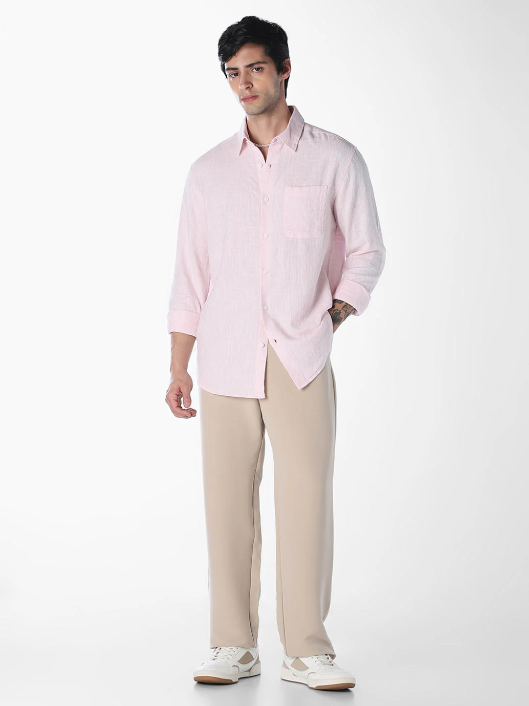 Textured Weave Full Sleeves Shirt - Light Pink - Image 6
