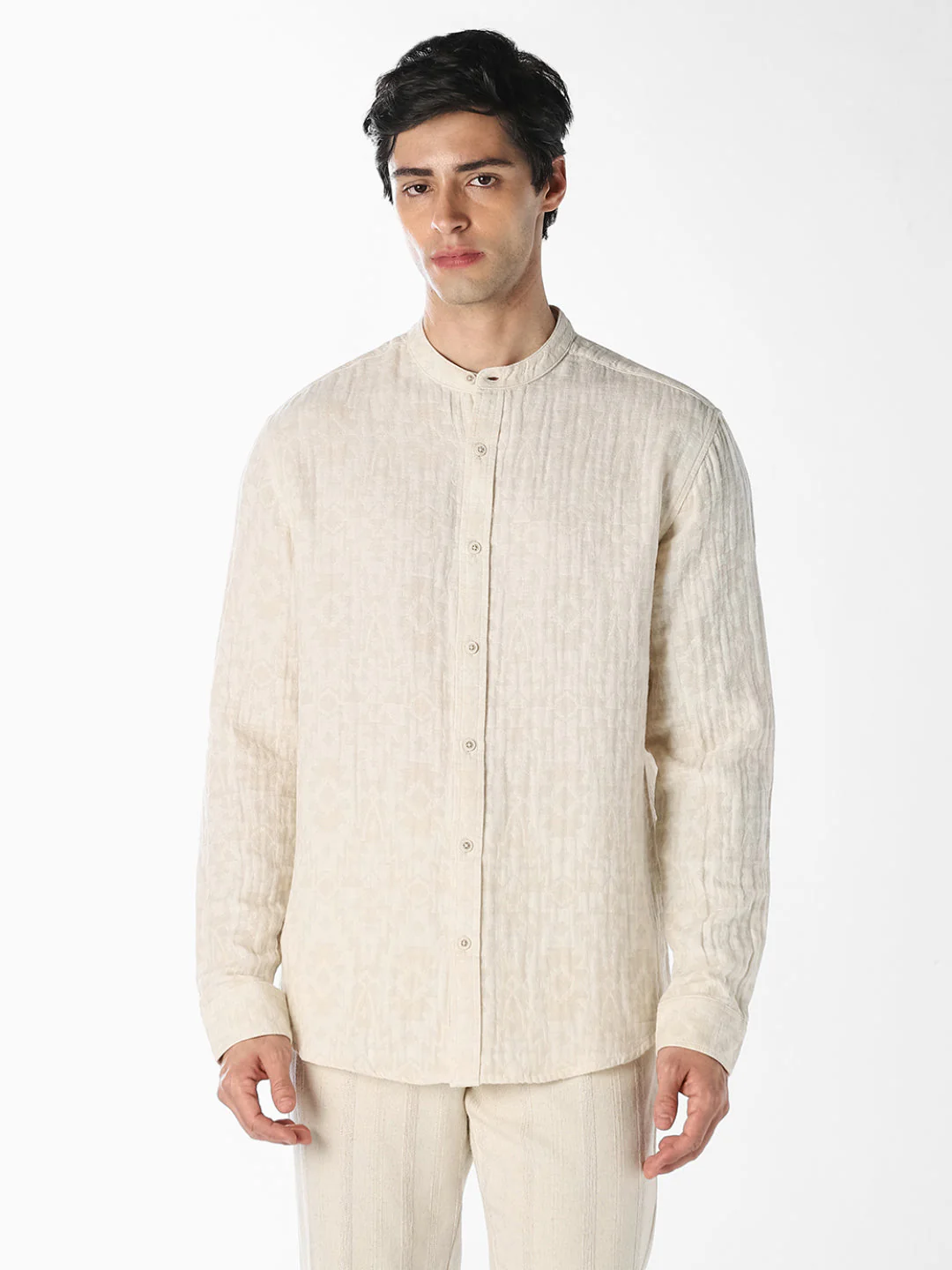 Beige Jacquard Cotton Shirt - Image 2