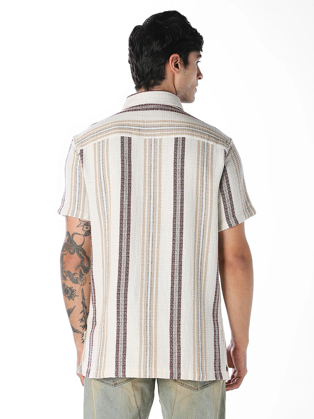 Beige Striped Comfort Fit Shirt - Image 4