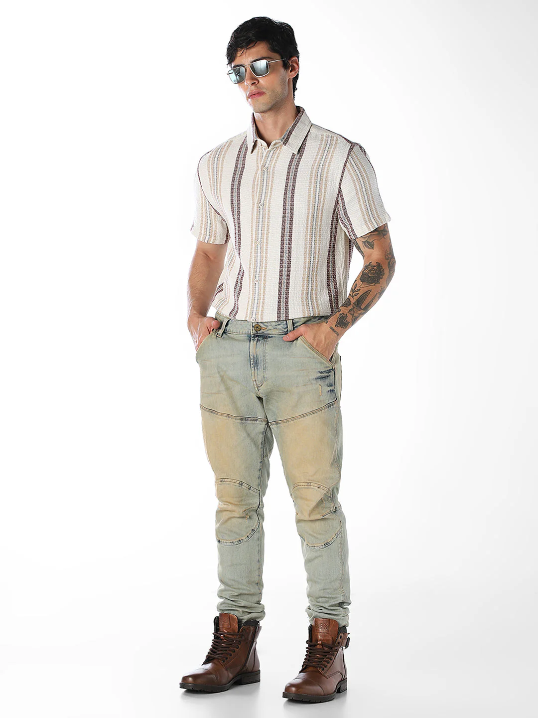 Beige Striped Comfort Fit Shirt - Image 6