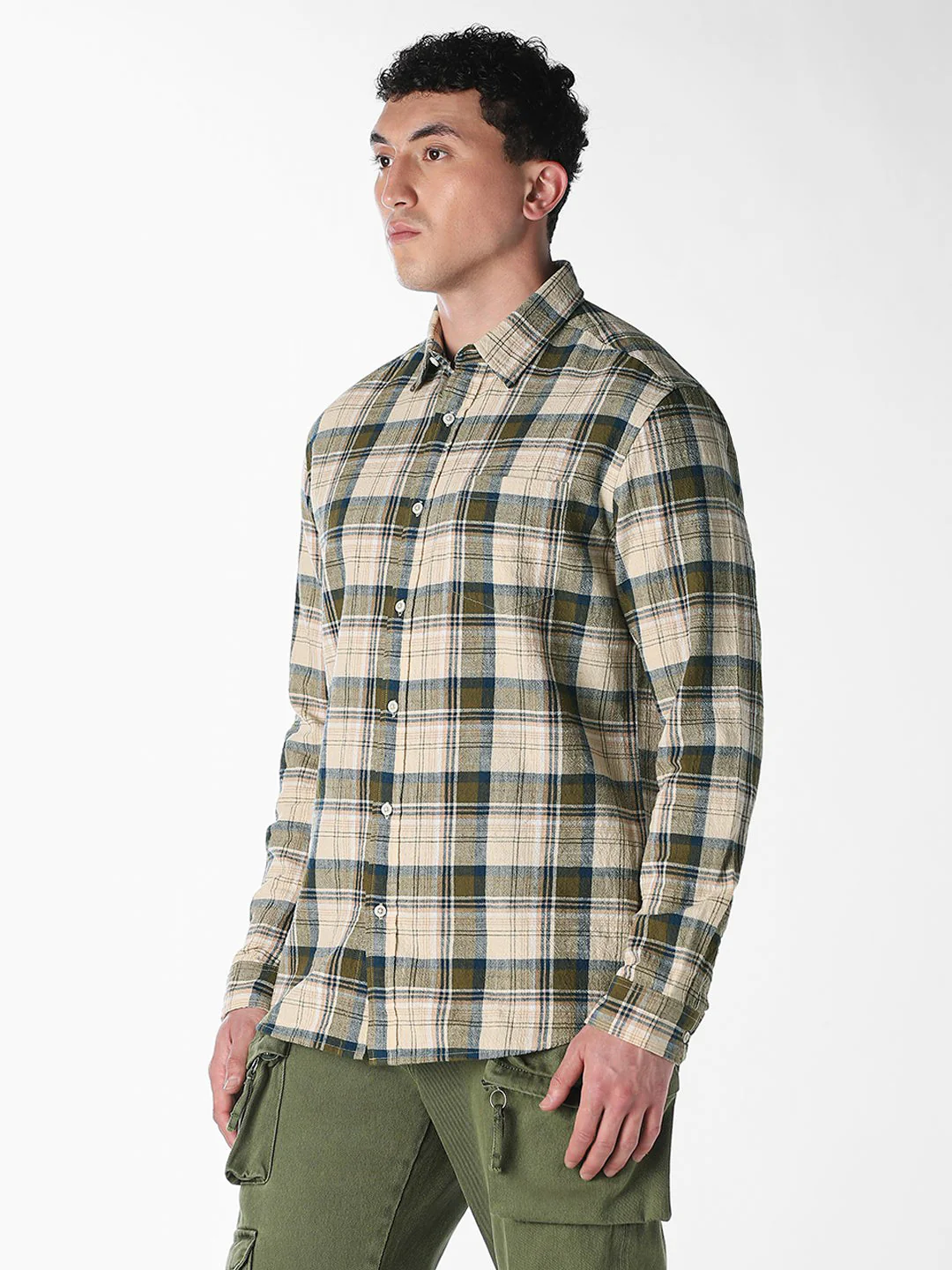 Beige Check Print Shirt - Image 3