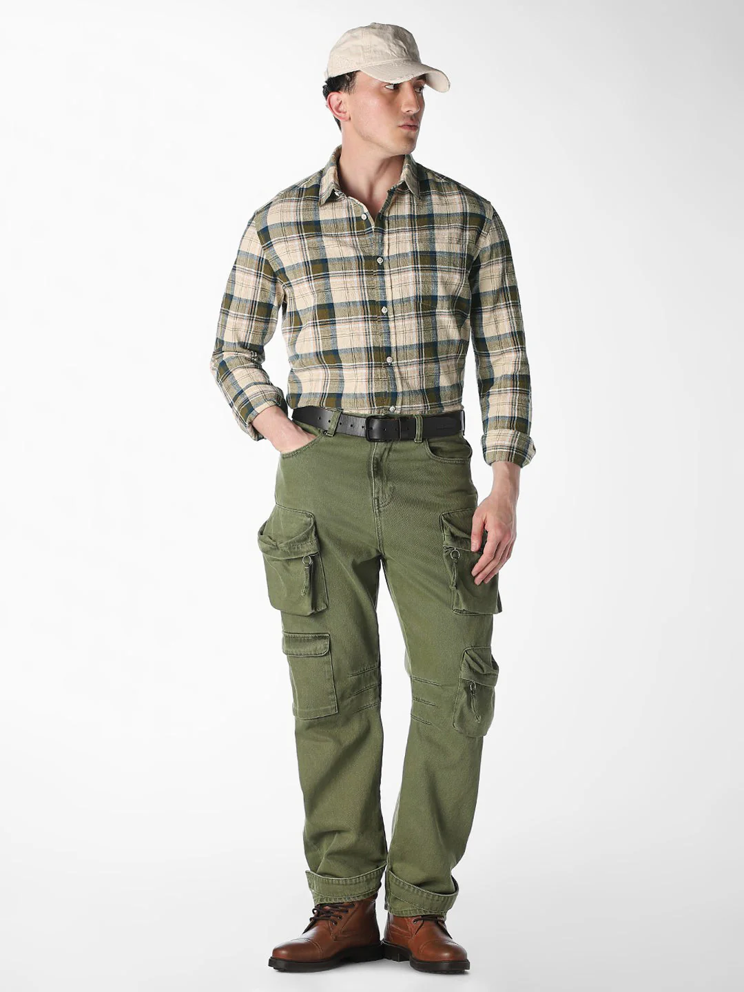 Beige Check Print Shirt - Image 6