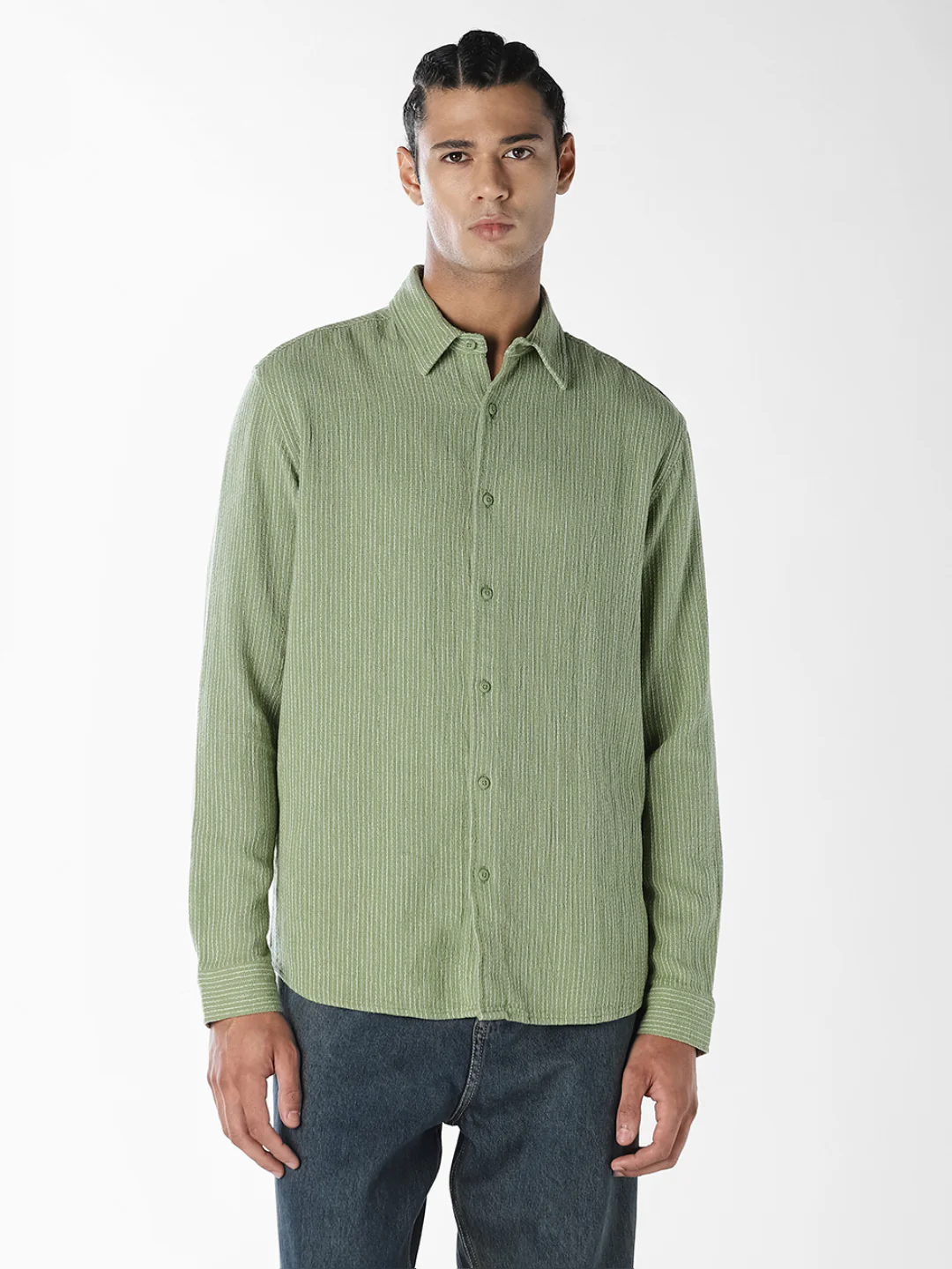 Green Textured Full Sleeves Shirt - Image 2