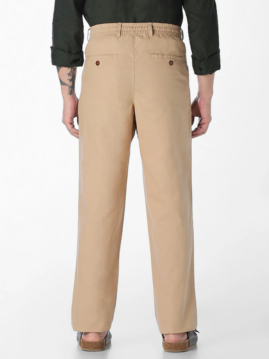 Men Khaki Linen Blend Regular Fit Chinos - Image 2