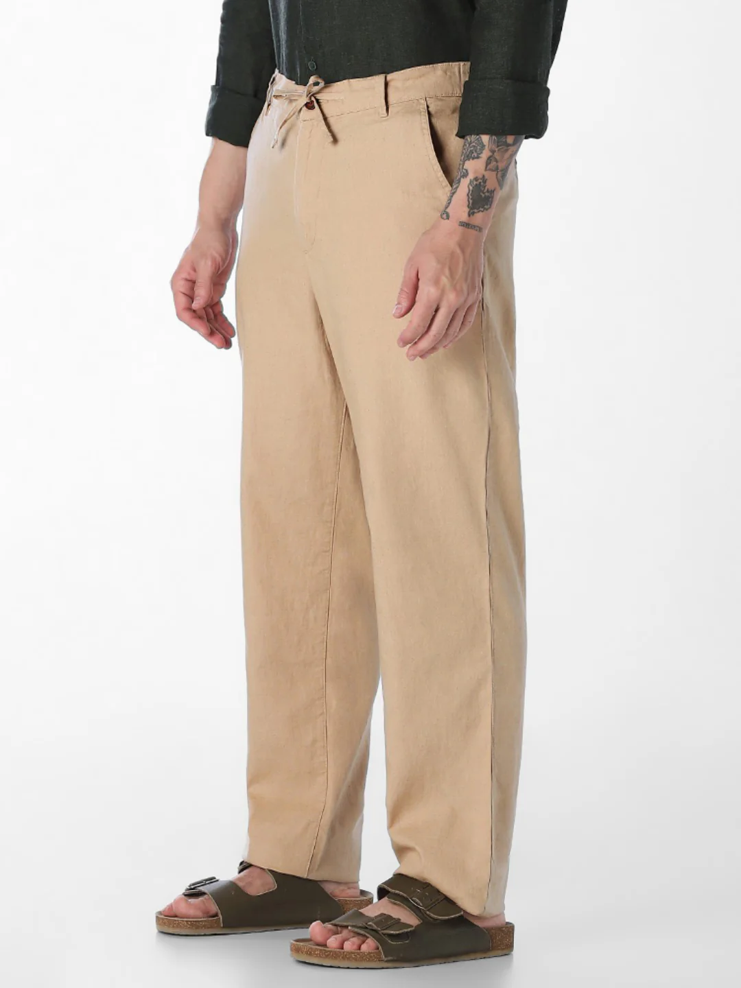 Men Khaki Linen Blend Regular Fit Chinos - Image 3