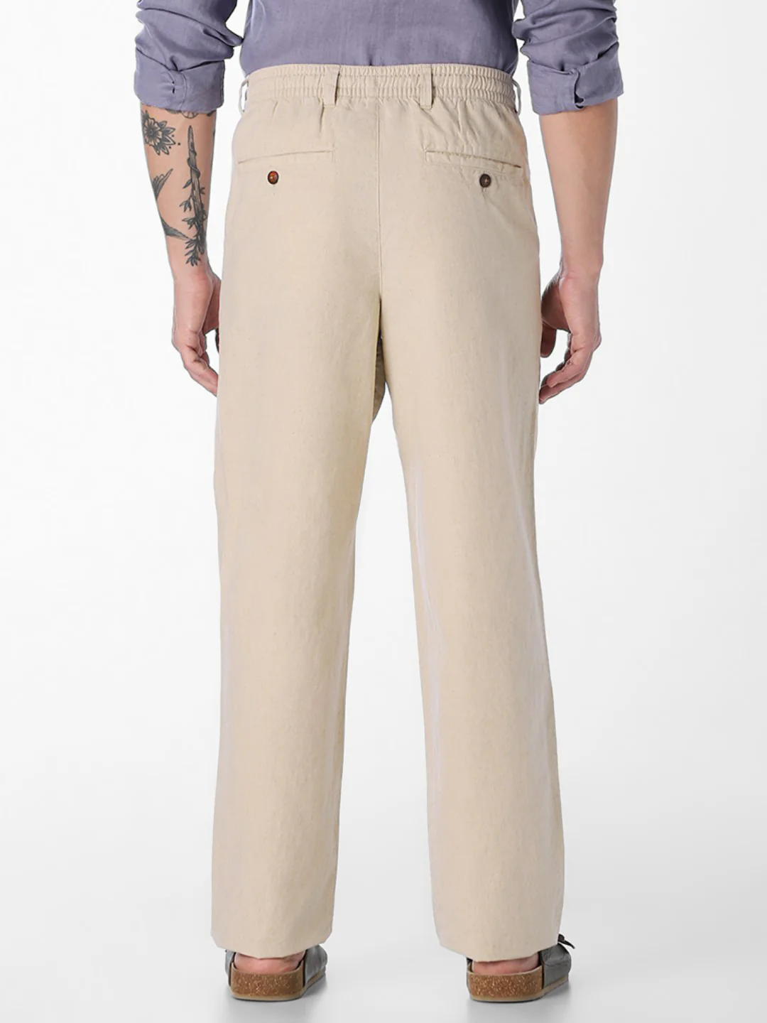 Men's Linen Blend Beige Solid Regular Fit Chinos - Image 2