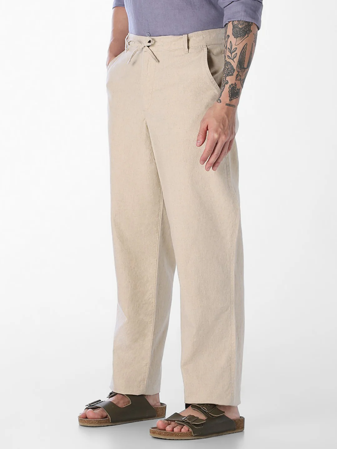 Men's Linen Blend Beige Solid Regular Fit Chinos - Image 3