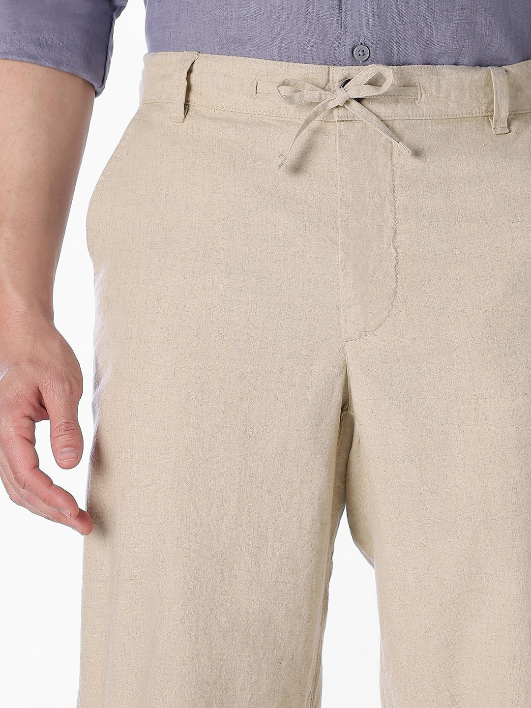Men's Linen Blend Beige Solid Regular Fit Chinos - Image 4
