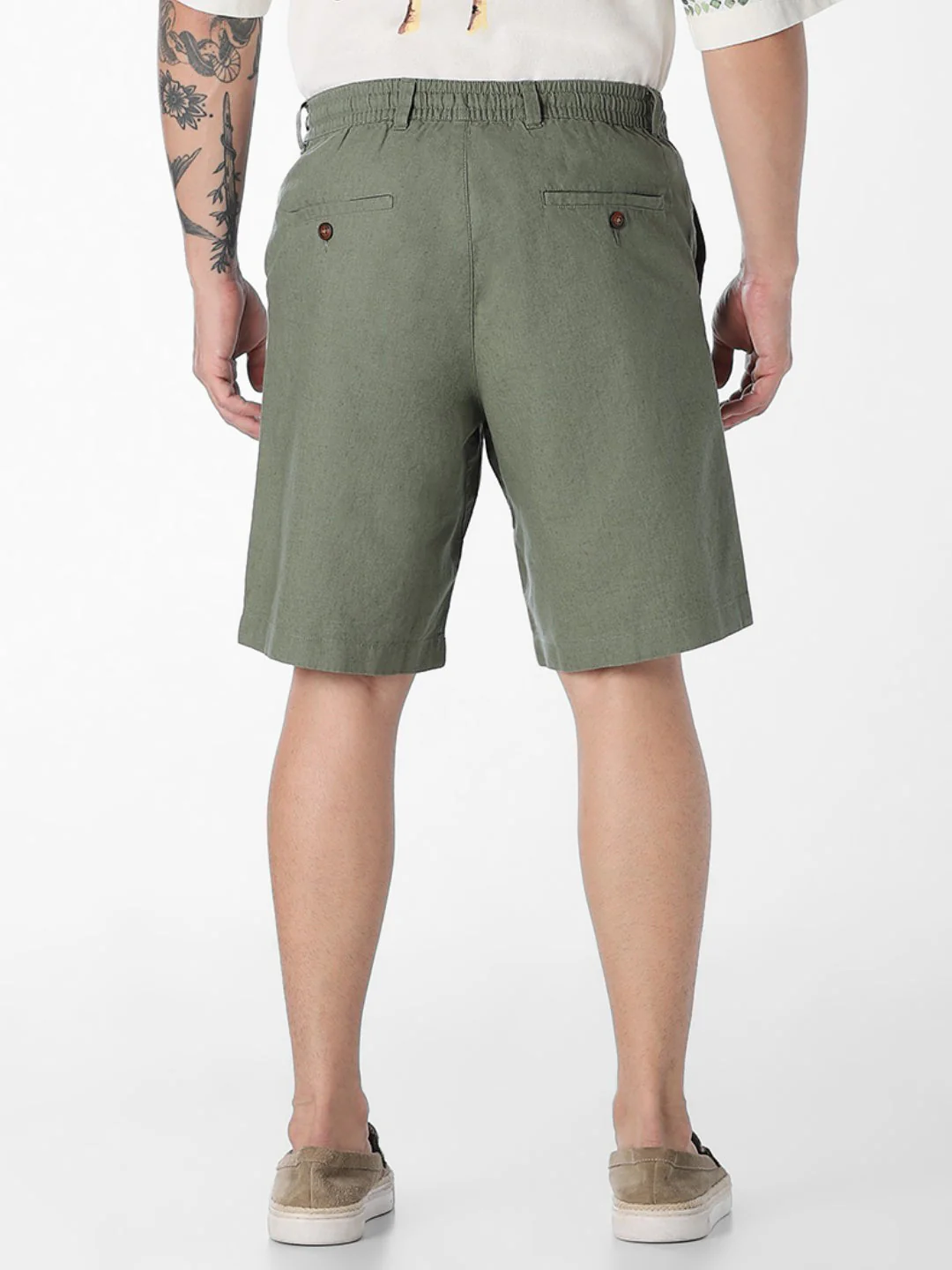 Green Linen Blend Chino Shorts - Image 2