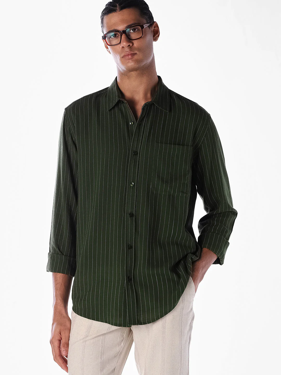 Dark Green Striped Regular Fit Shirt