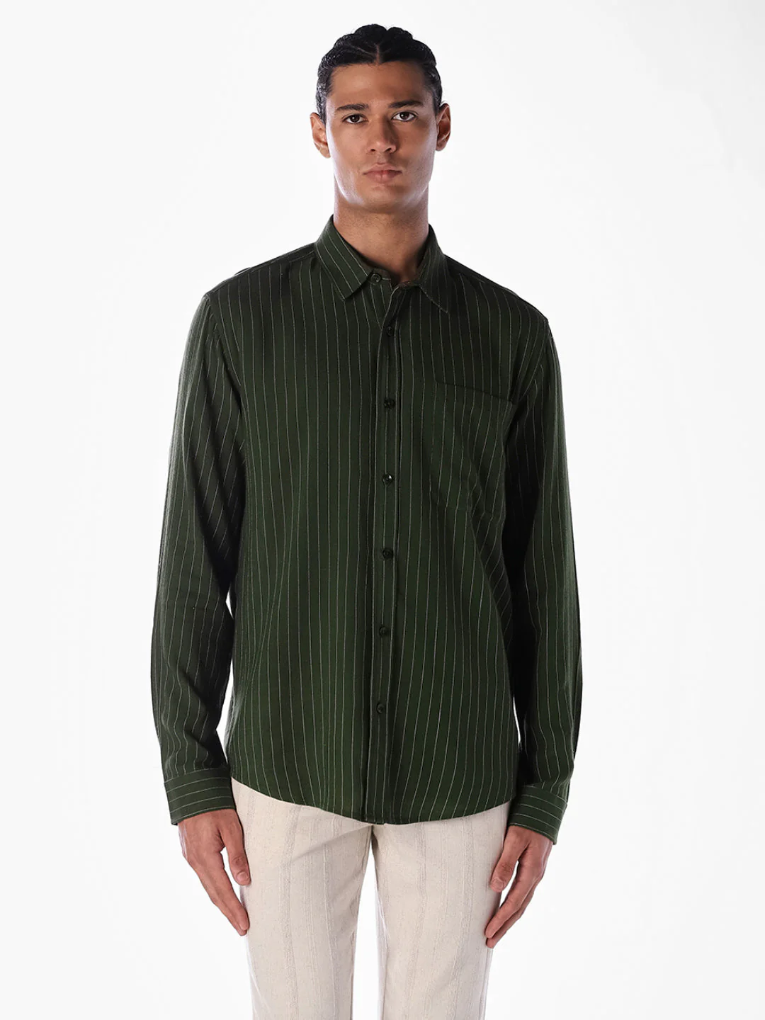 Dark Green Striped Regular Fit Shirt - Image 2