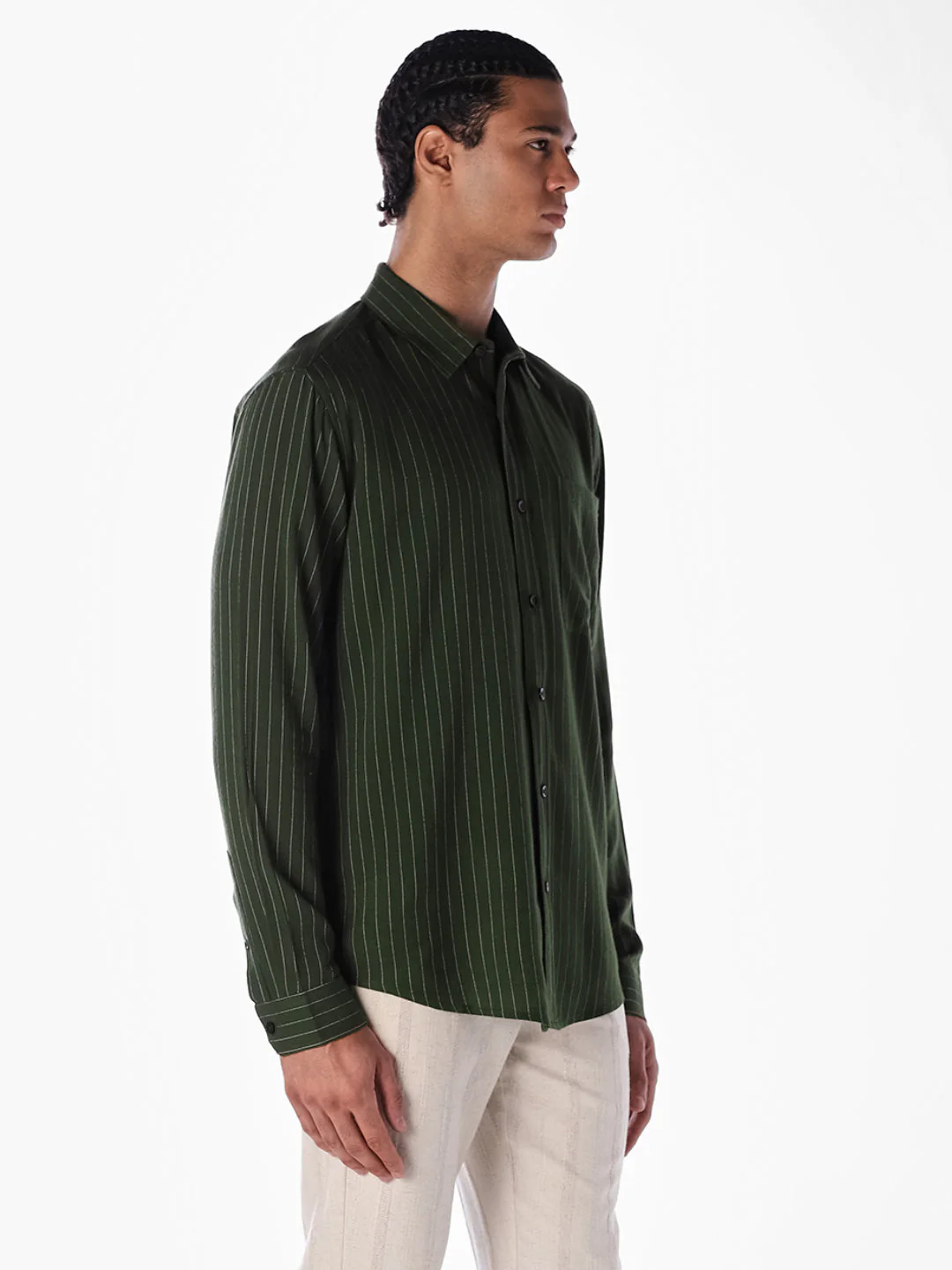 Dark Green Striped Regular Fit Shirt - Image 3