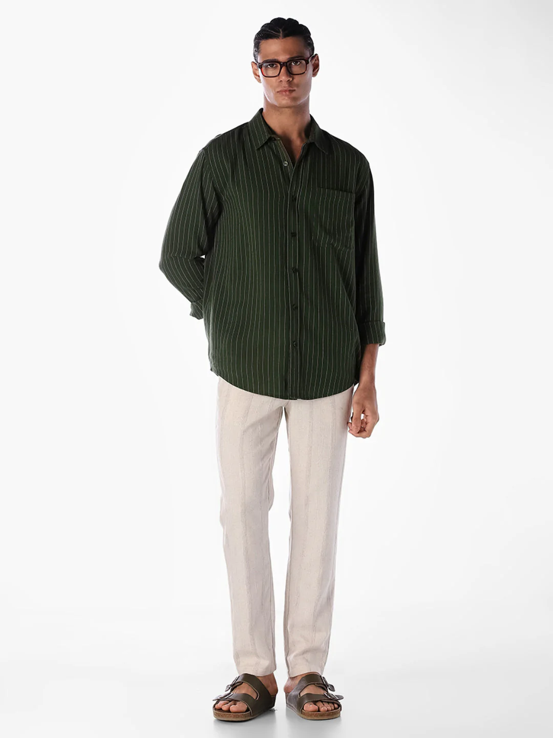 Dark Green Striped Regular Fit Shirt - Image 6