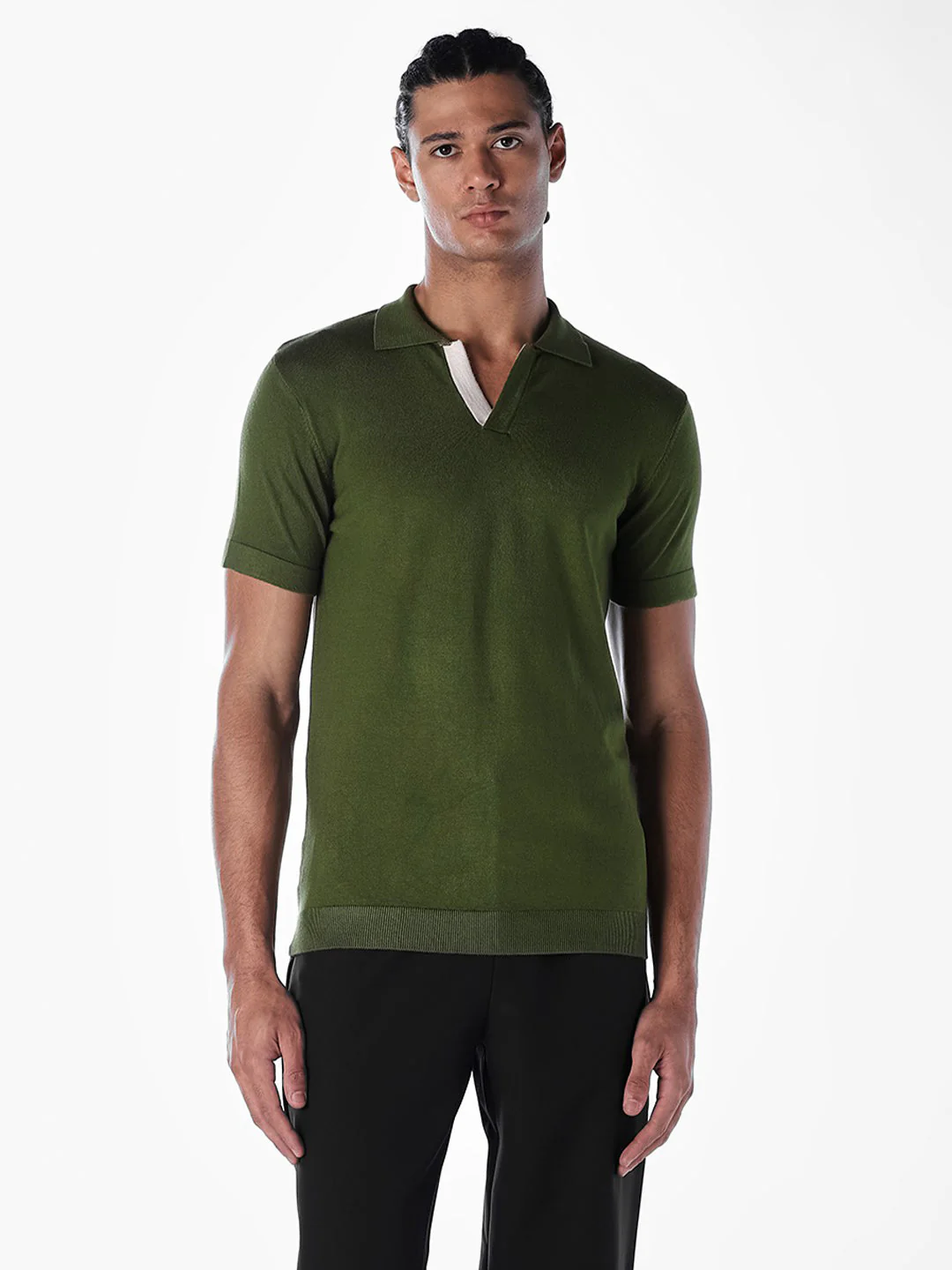 Knitted Slim Fit Polo - Green - Image 2