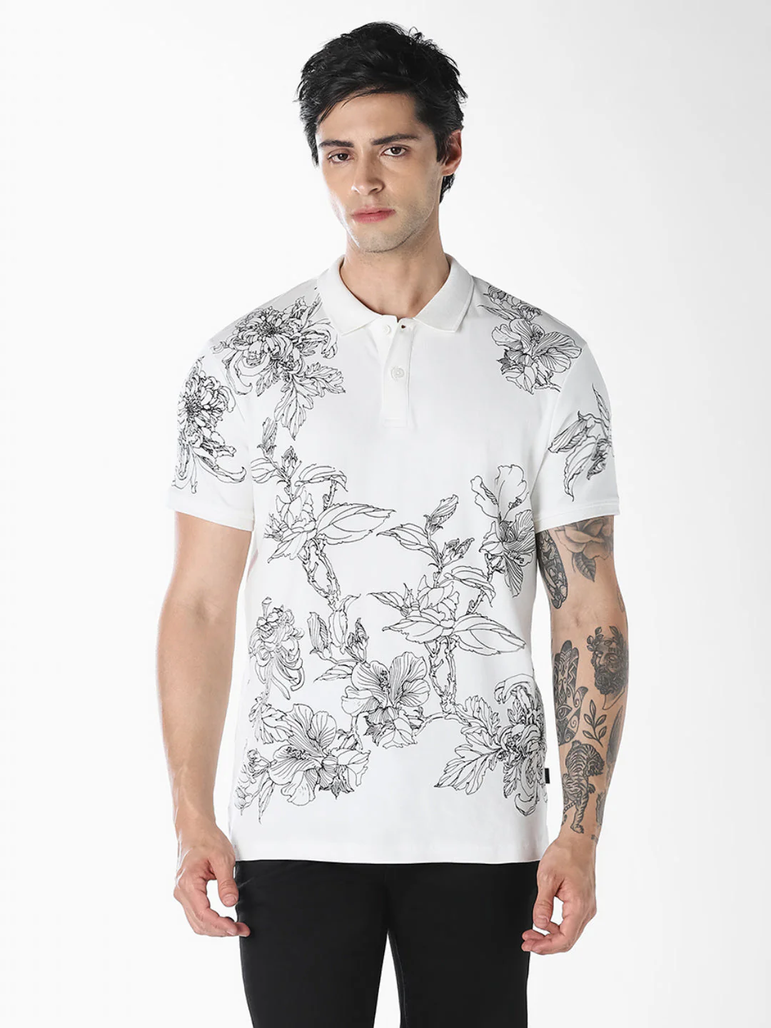 White Floral Print Cotton Polo - Image 2