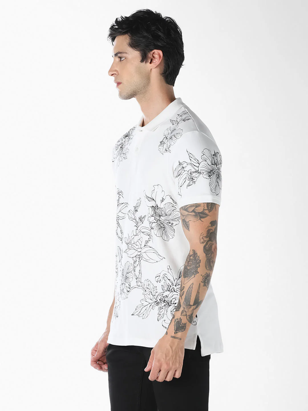 White Floral Print Cotton Polo - Image 3