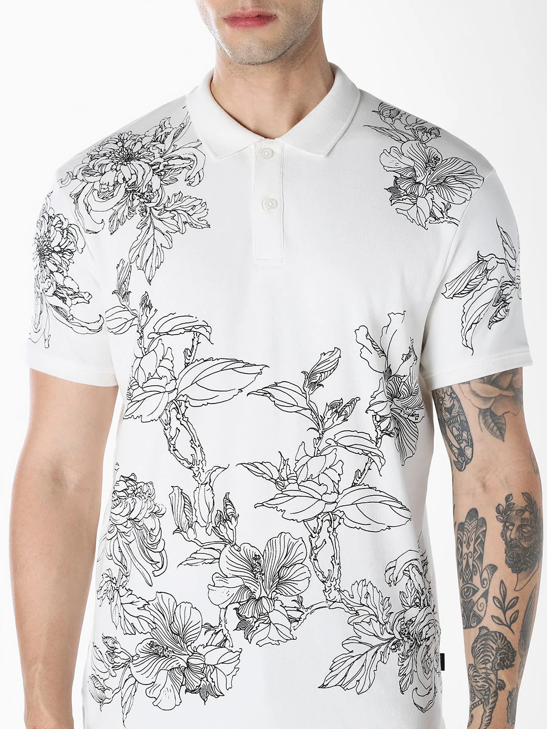 White Floral Print Cotton Polo - Image 5