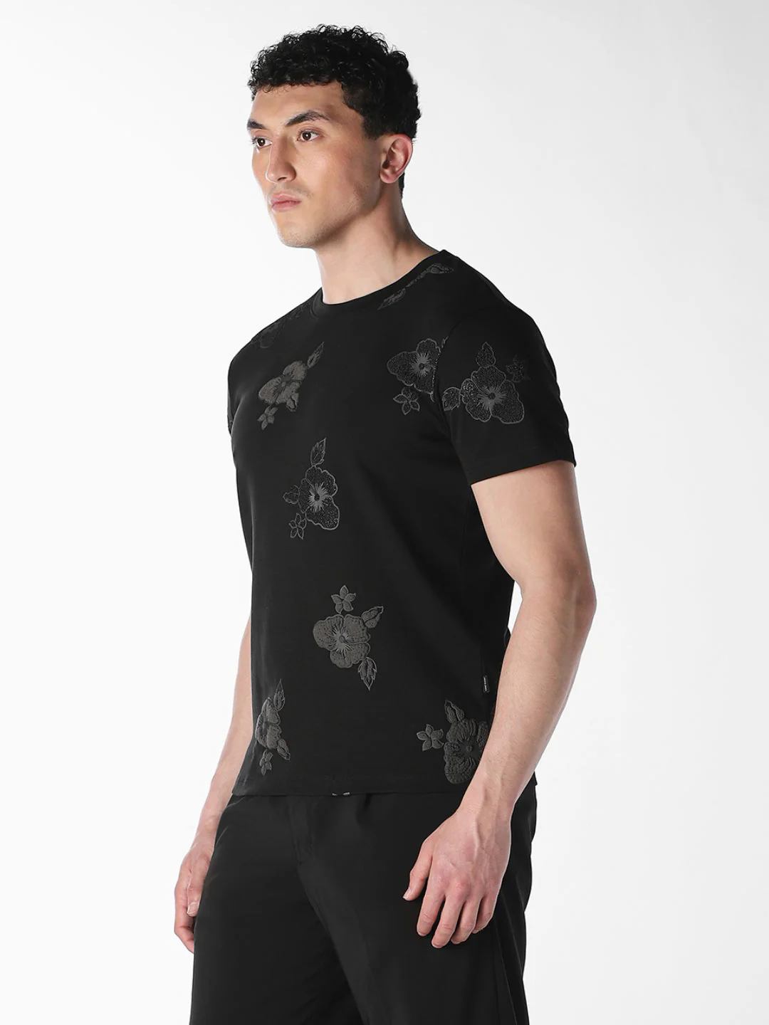 Black Floral Embroidered T-Shirt - Image 3