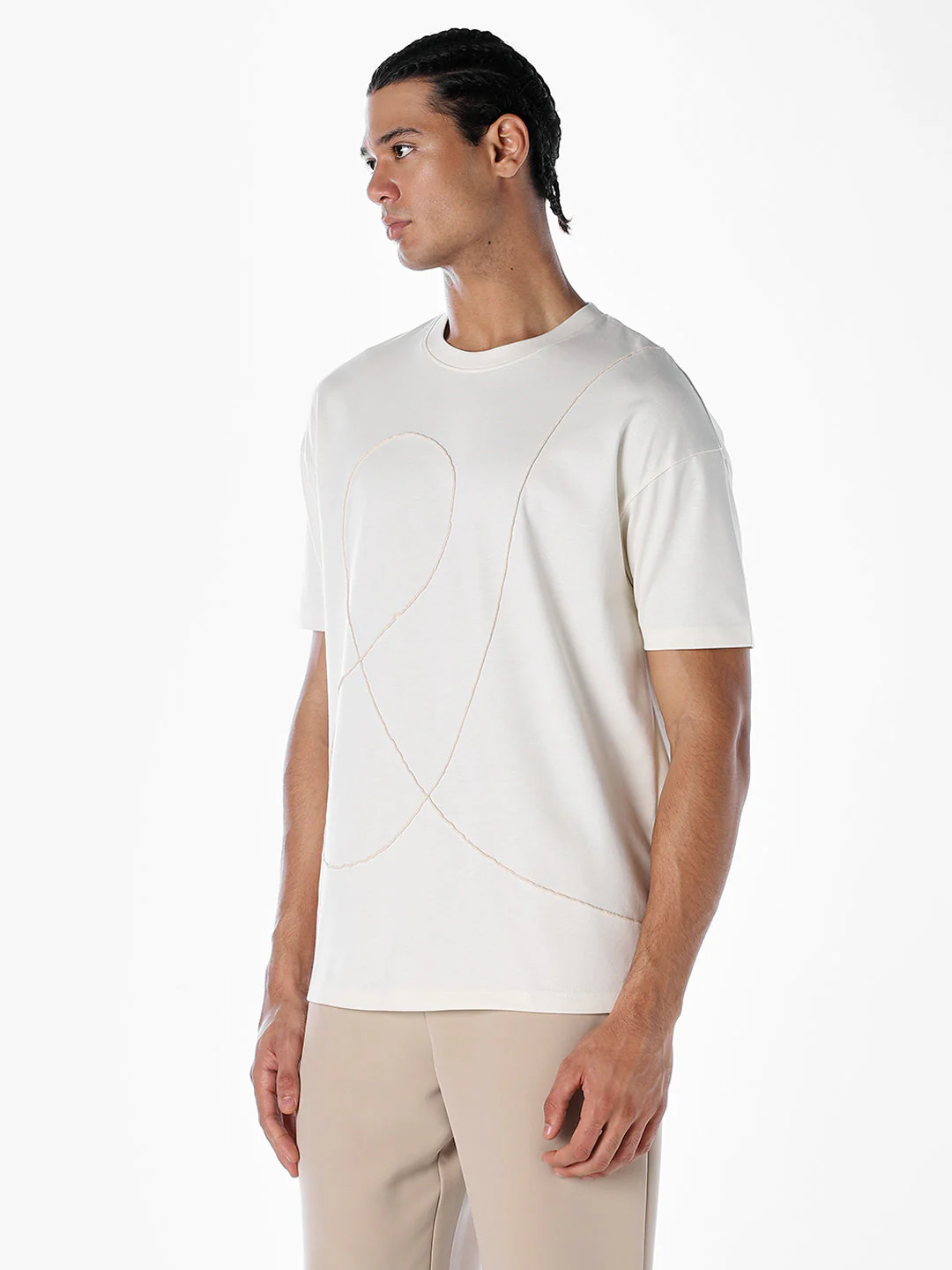 Textured Stitch Detail Oversized T-shirt - White - Image 3