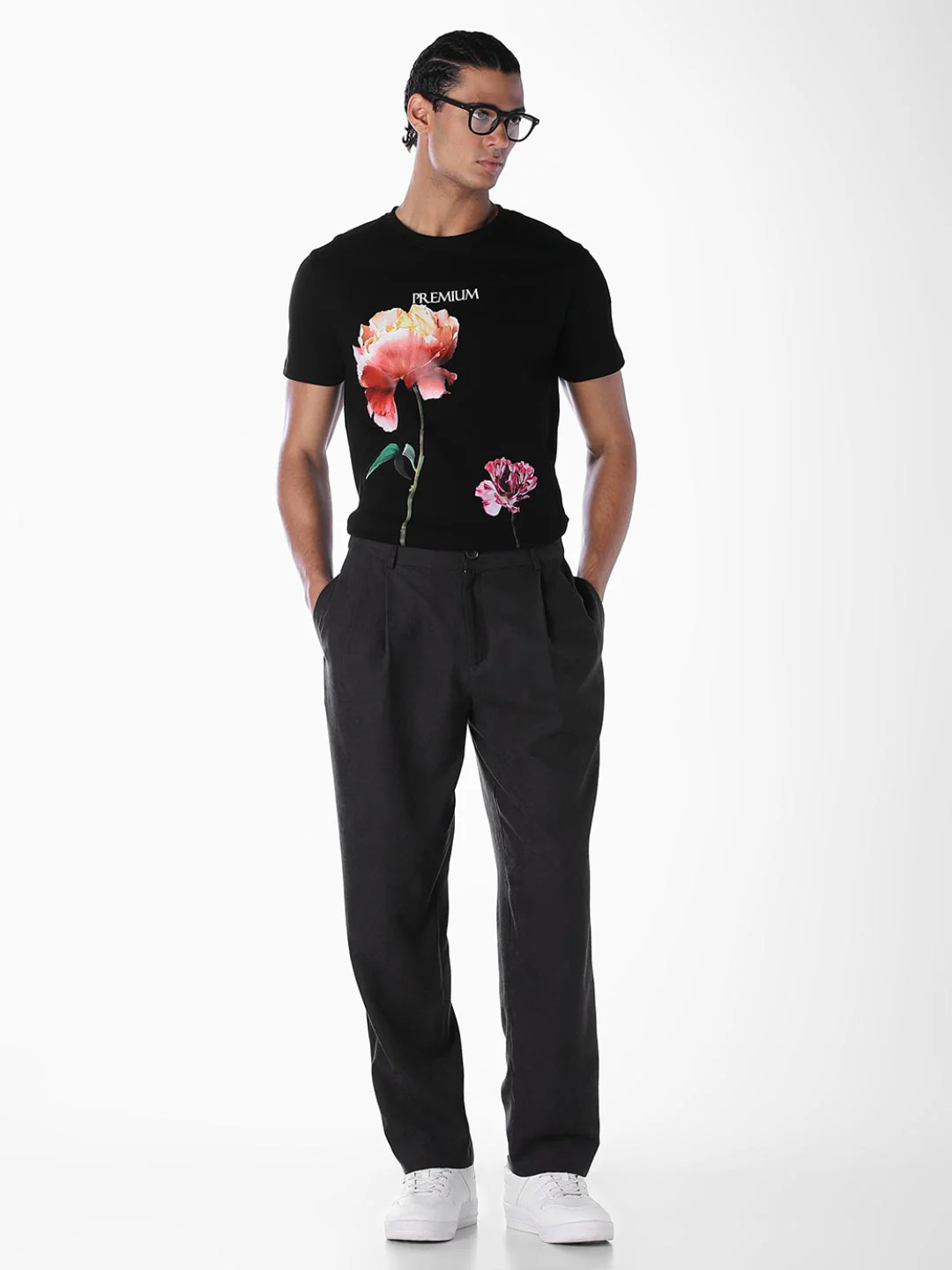 Black Floral Placement Print T-shirt - Image 6