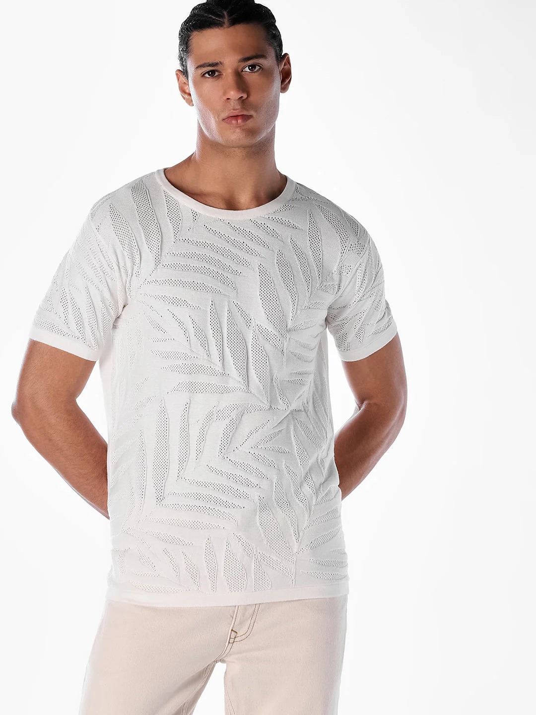 Jacquard Crew Neck Cotton T-shirt - White
