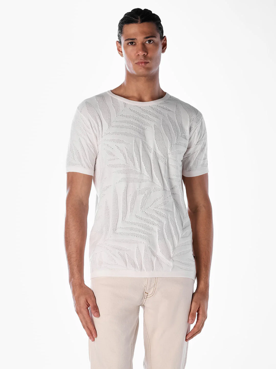 Jacquard Crew Neck Cotton T-shirt - White - Image 2
