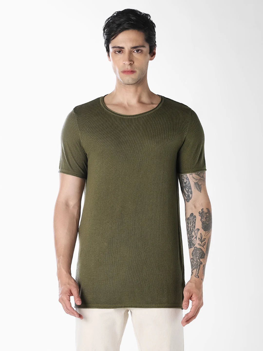 Dark Green Knitted Crew Neck T-shirt - Image 2