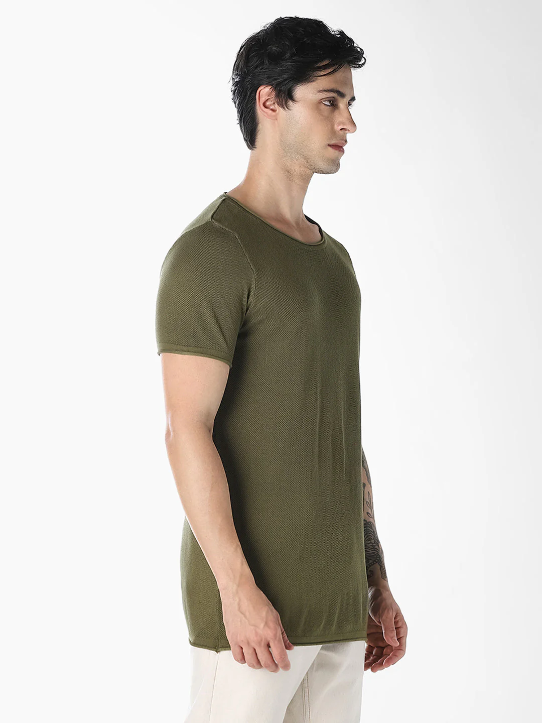 Dark Green Knitted Crew Neck T-shirt - Image 3