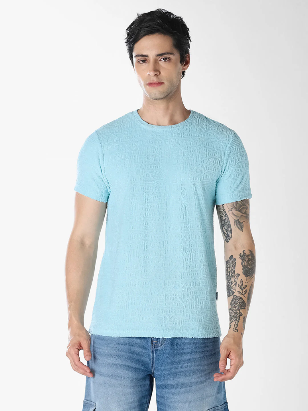 Light Blue Textured Cotton T-shirt - Image 2