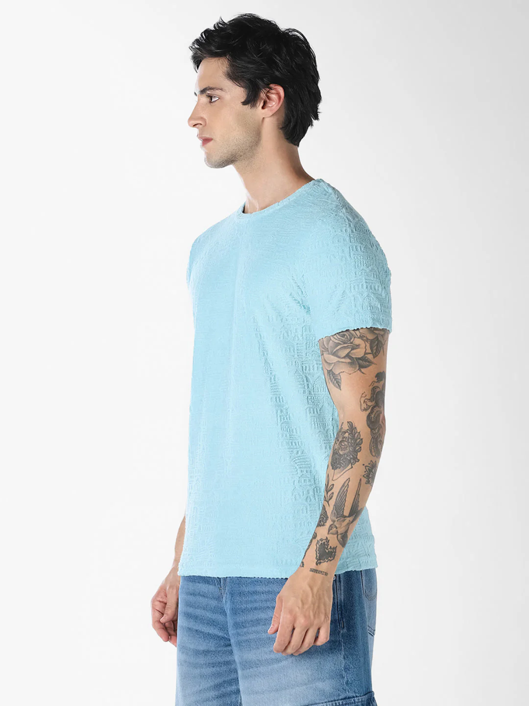 Light Blue Textured Cotton T-shirt - Image 3