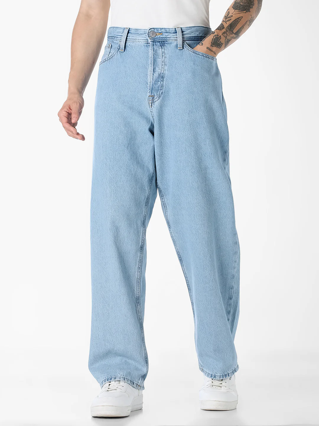Men's Light Blue Loose Fit Low Rise Jeans With Button Fly
