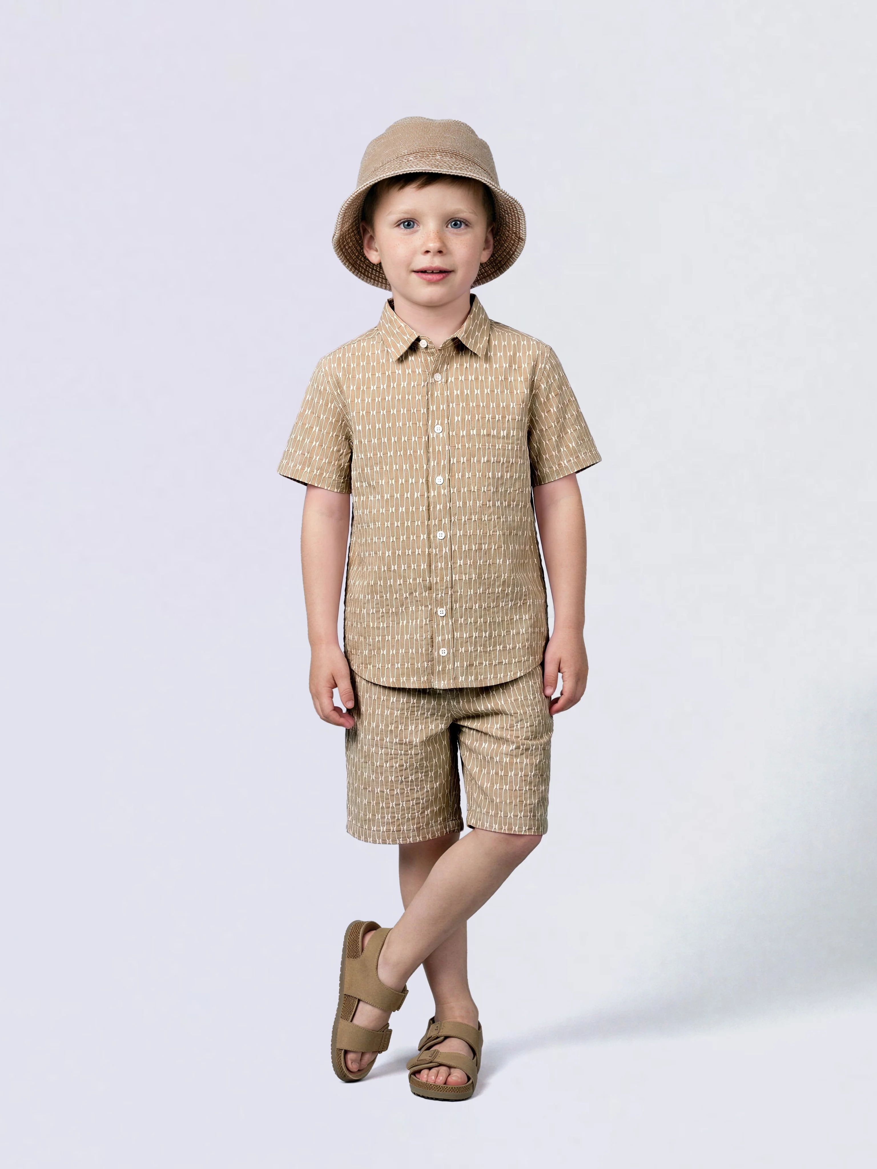 Boys Beige Dobby Short Sleeves Shirt - Image 5