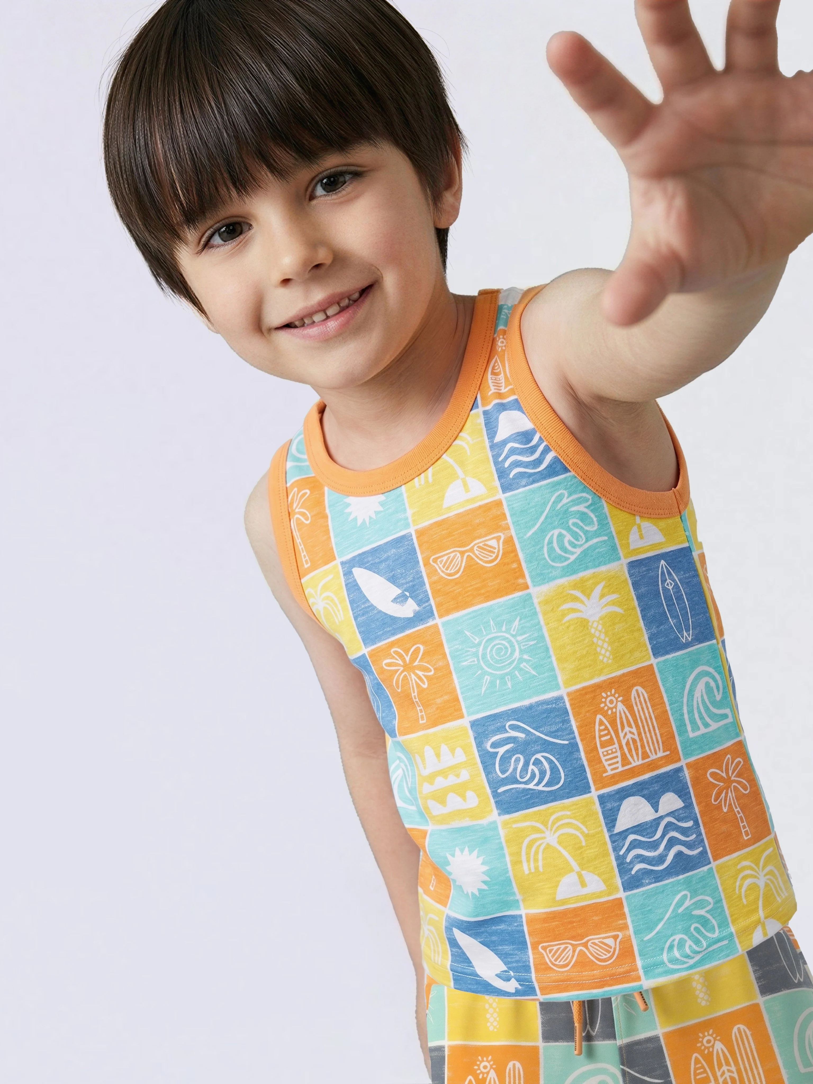 Boys Orange Printed Sleeveless T-shirt