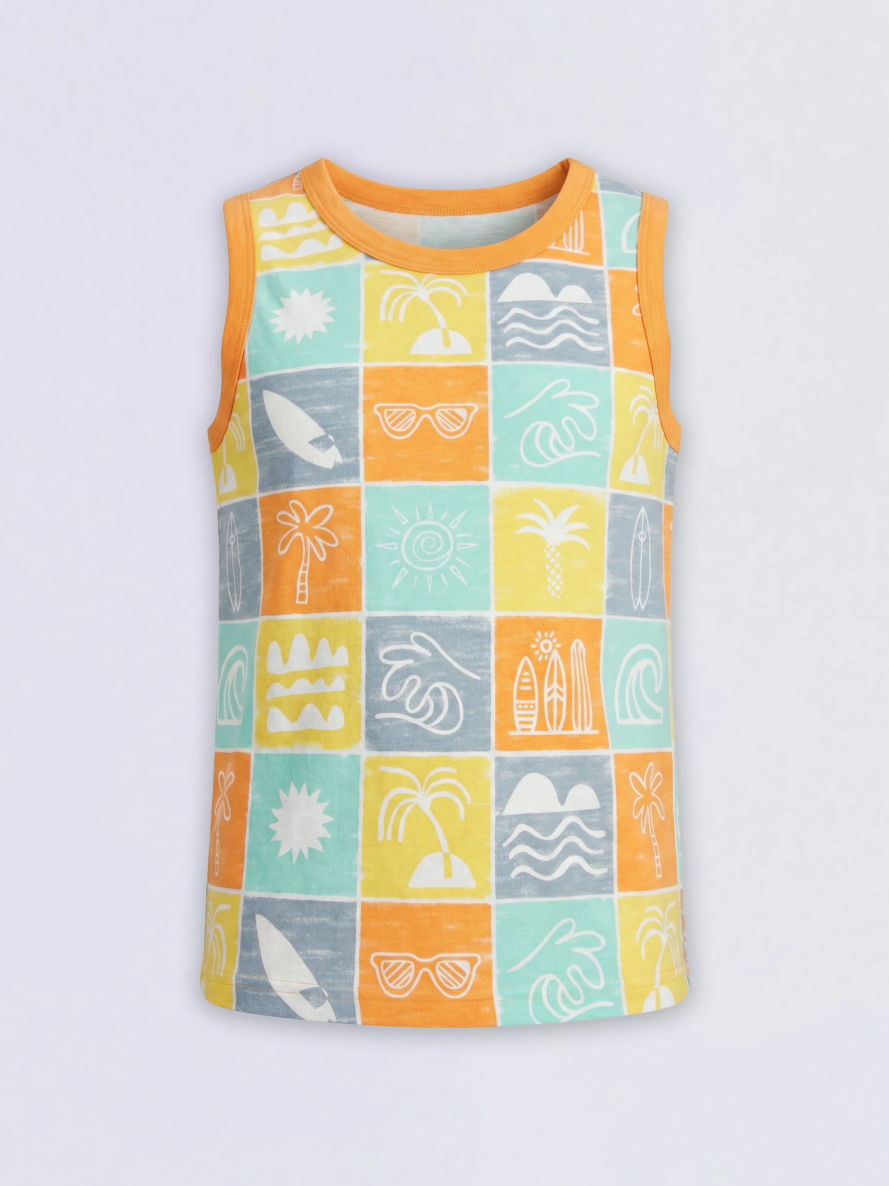 Boys Orange Printed Sleeveless T-shirt - Image 2