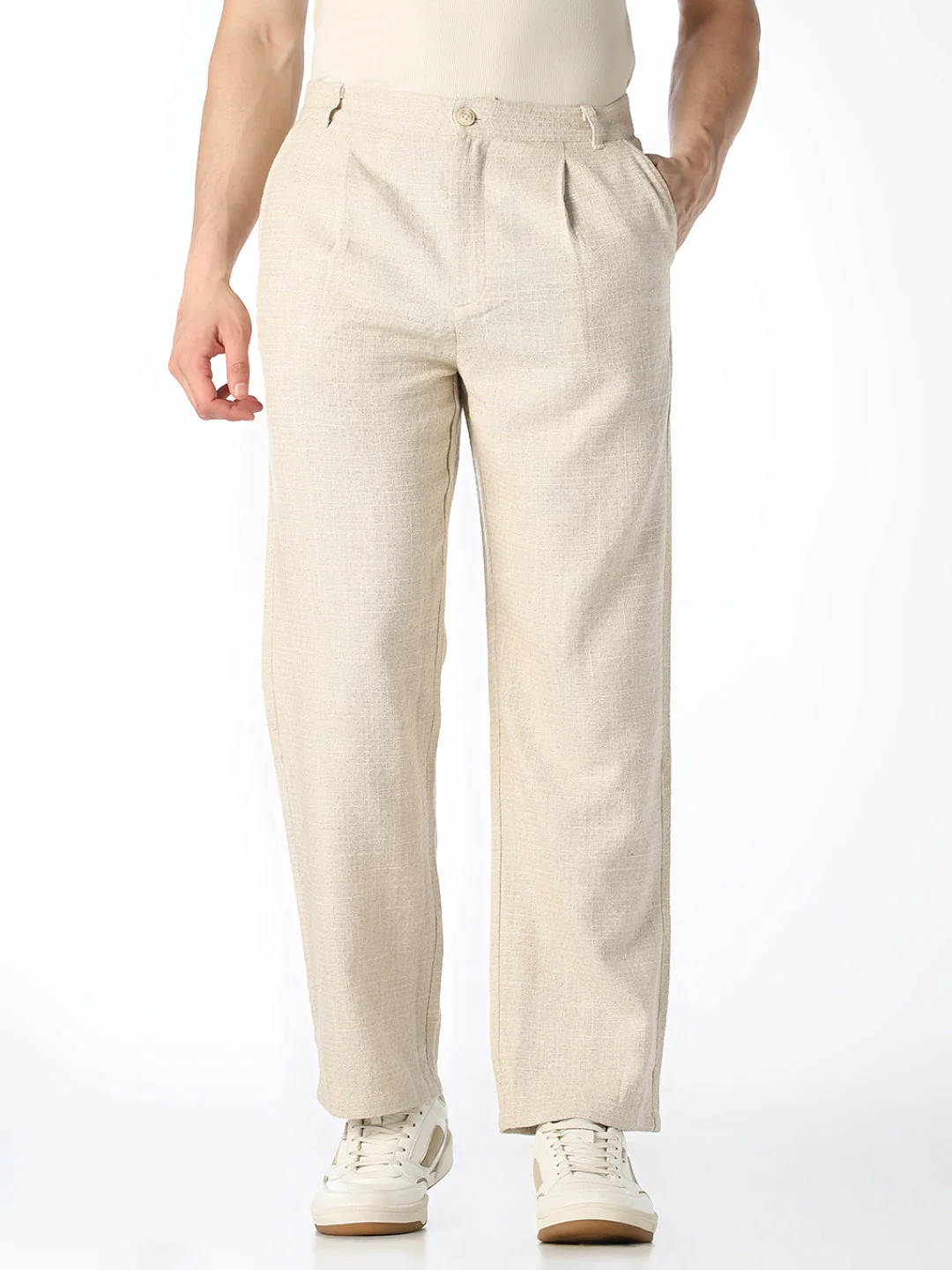 Beige Dobby Loose Fit Pants