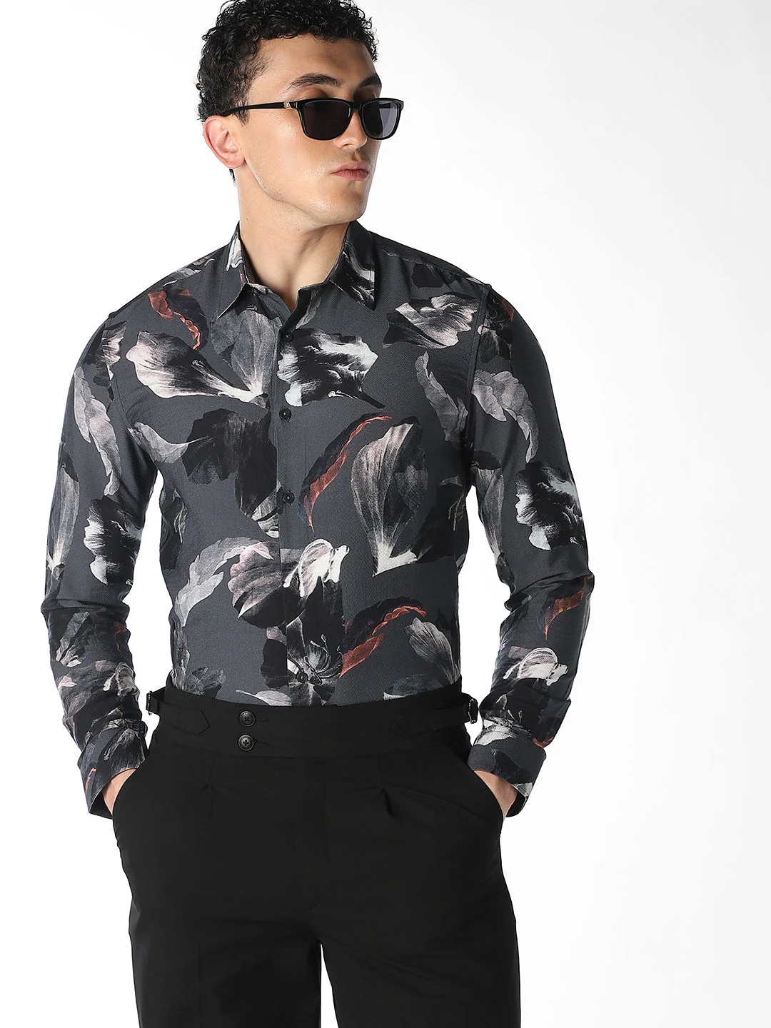 Dark Grey Printed Slim Fit Shirt
