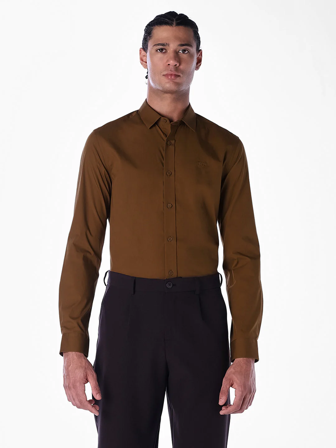 Cotton-Stretch Slim Fit Shirt - Brown - Image 2