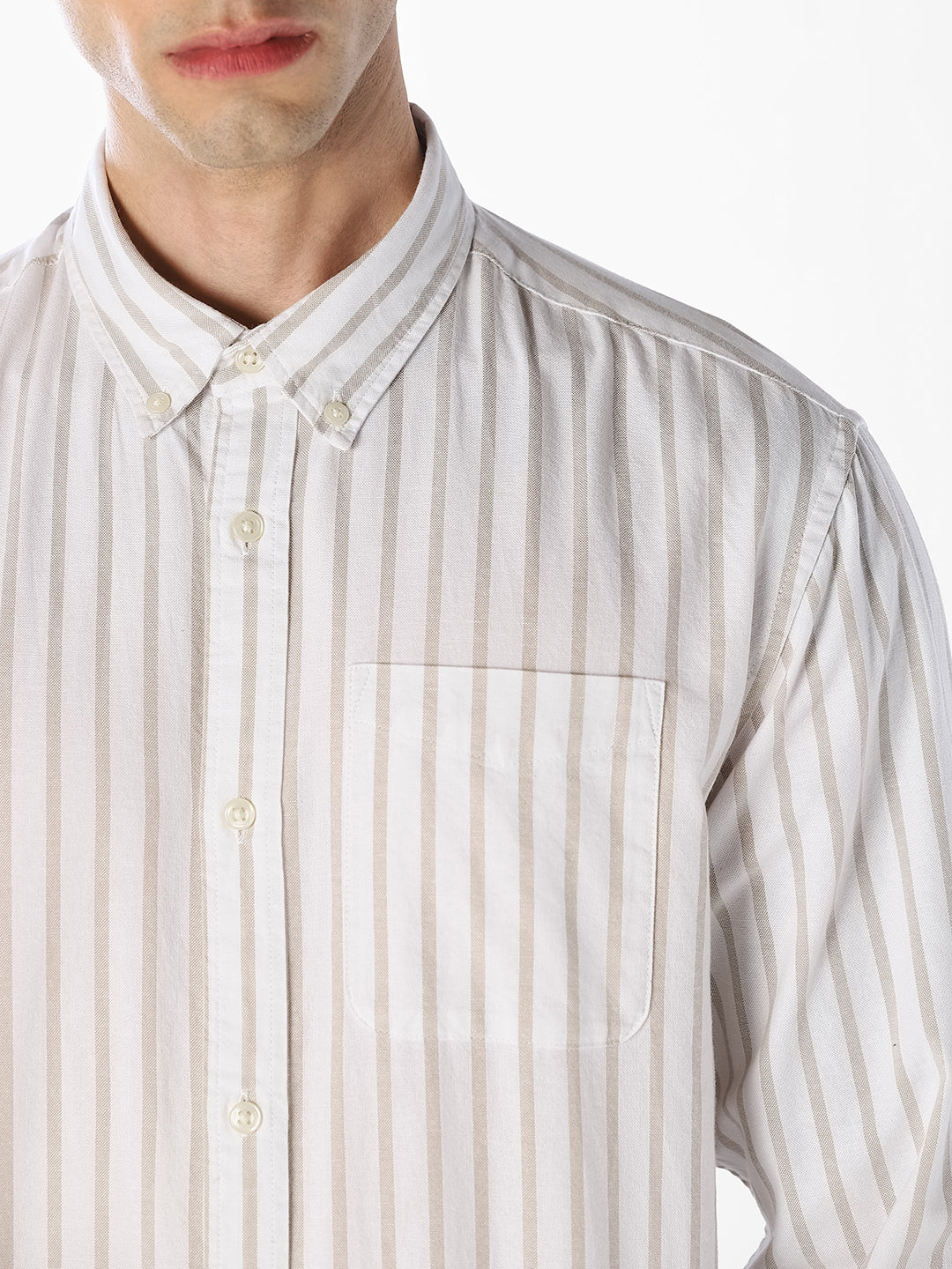 Beige Oxford Weave Striped Shirt - Image 5