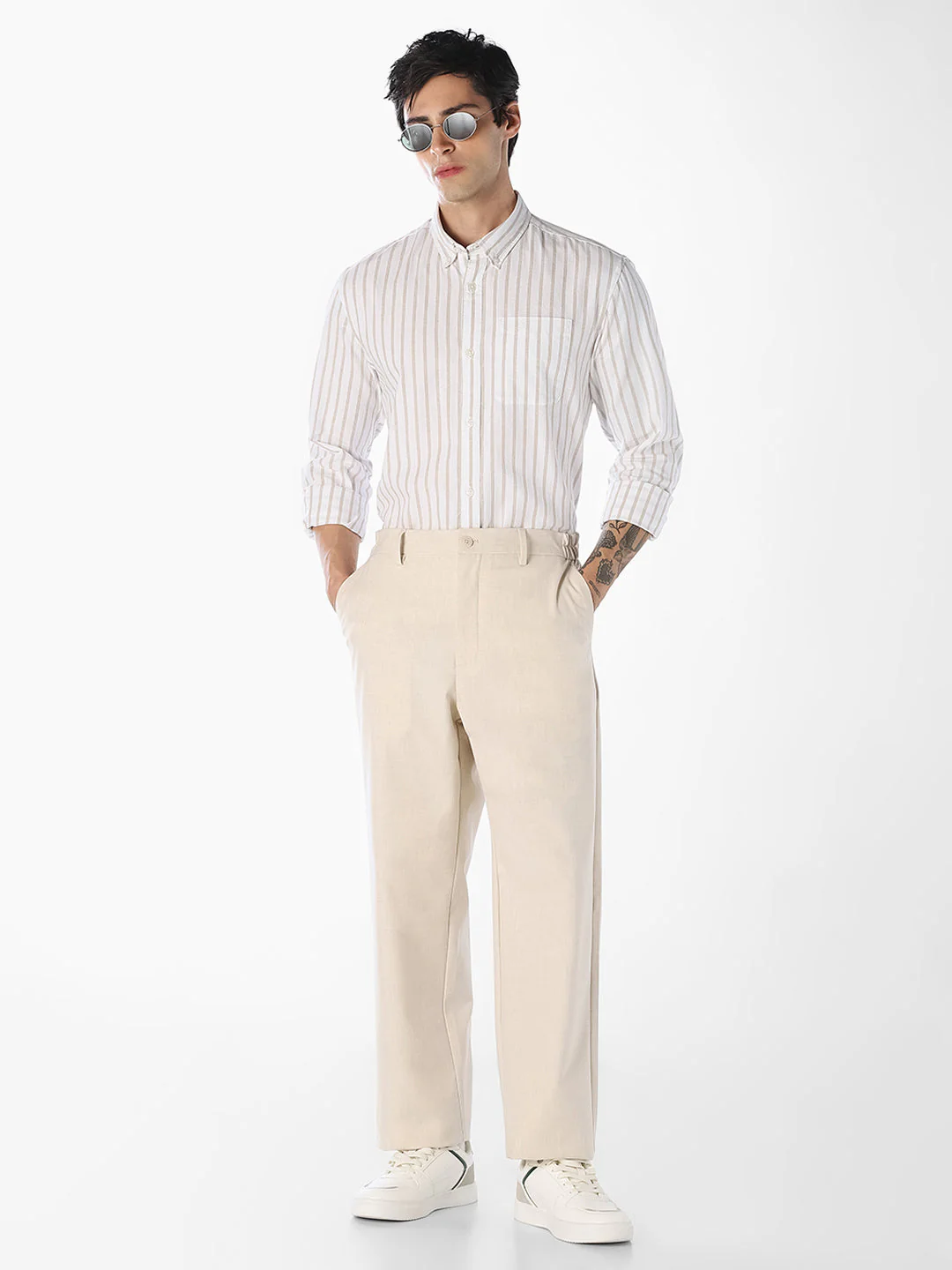 Beige Oxford Weave Striped Shirt - Image 6