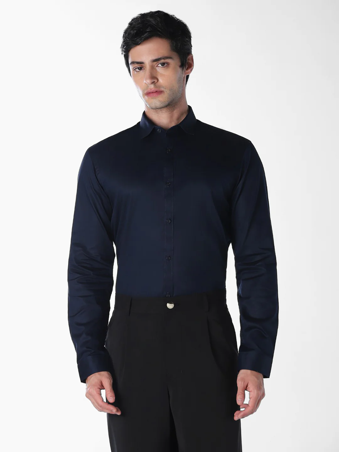 Men's Navy Blue Cotton Slim Fit Solid Formal Shirt - Image 2