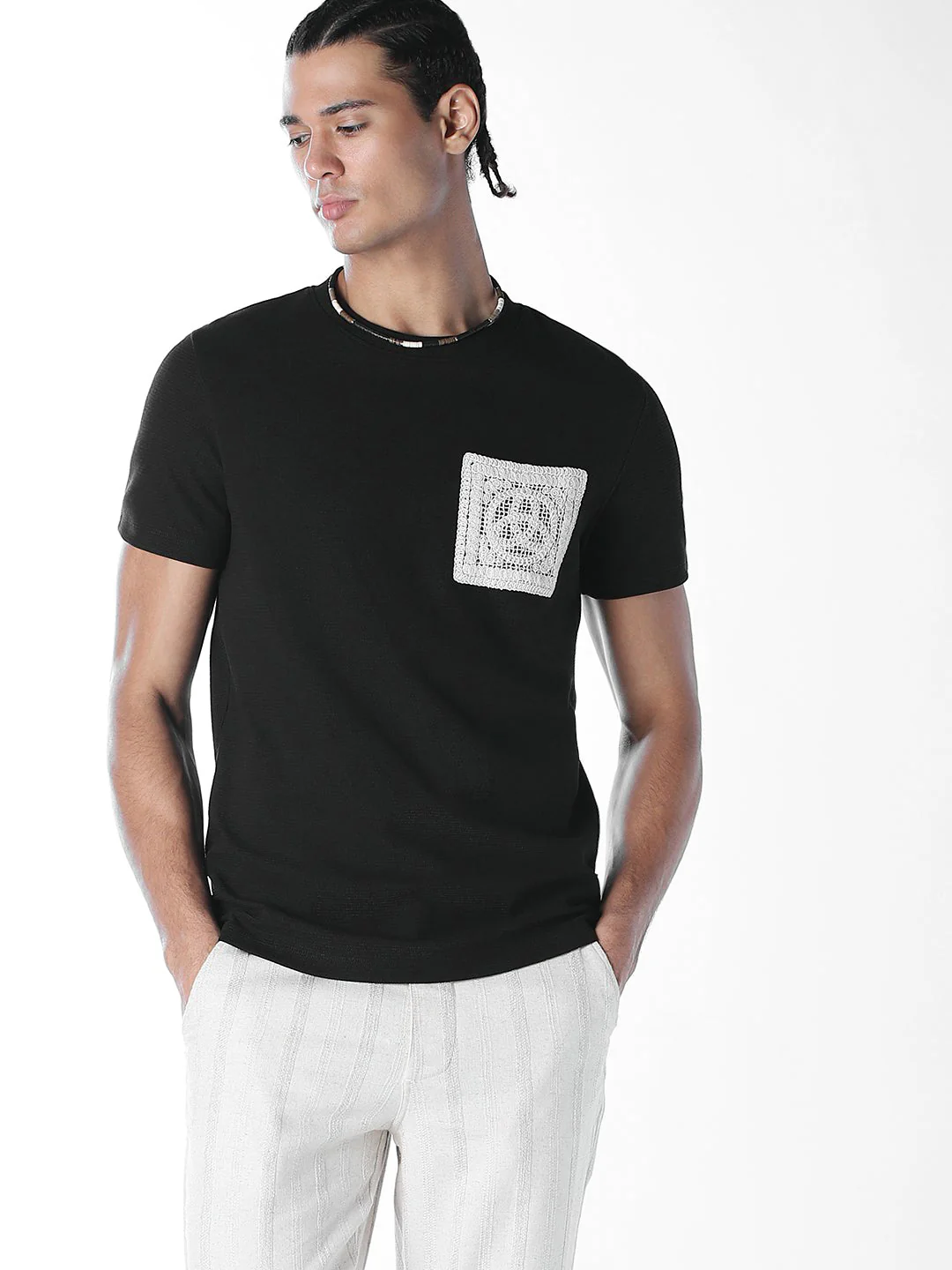 Crochet Pocket Crew Neck T-shirt
