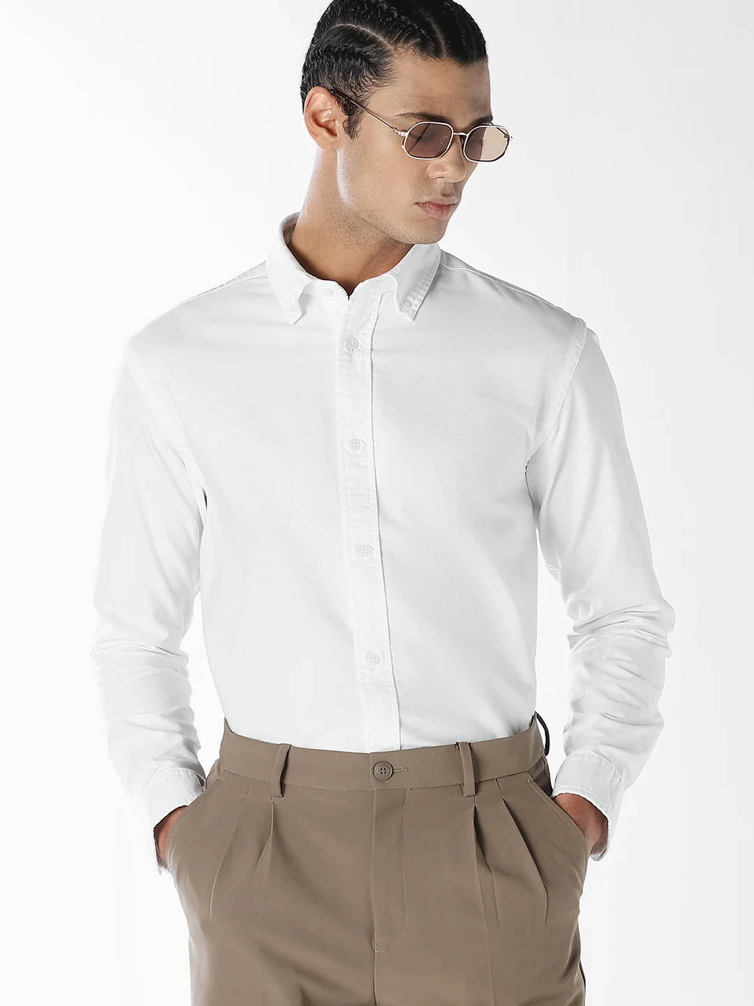 White Oxford Weave Cotton Shirt
