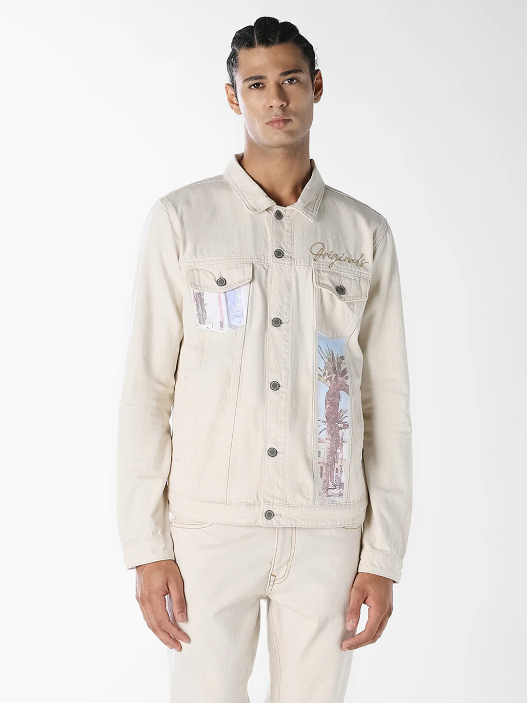 Beige Printed Denim Jacket - Image 2